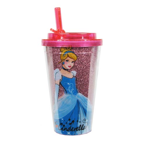 Cinderella Standing Glitter Plastic 16 oz. Flip-Straw Travel Cup